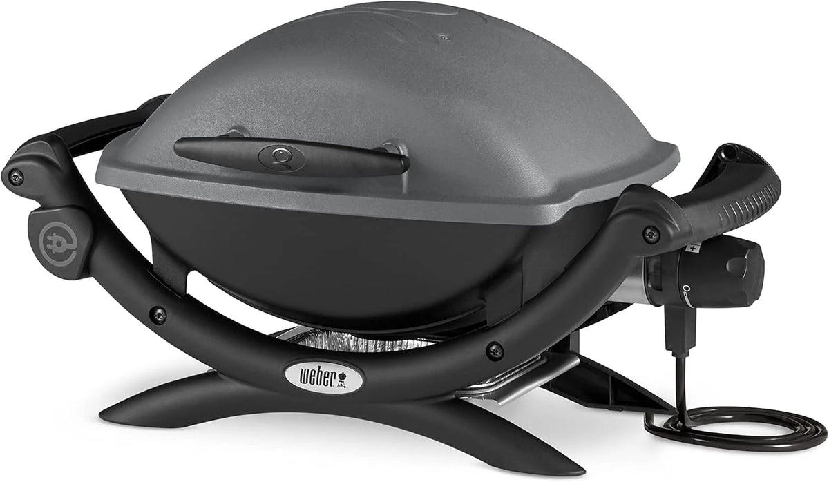 Weber Q1400 Elektryczny Grill, powierzchnia grillowania 43 x 32 cm, przenośny BBQ Grill,2-częściowy żeliwny ruszt pokryty emalią porcelanową, pokrywa i obudowa aluminiowa - Ciemnoszary (52020079)
