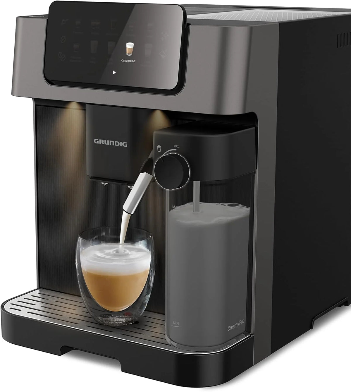 Grundig KVA 7230 ekspres do kawy, 10 specjałów do kawy, 13 stopni mielenia, pojemnik na mleko, wydajny 1350 W, ciśnienie pompy 19 bar, podwójna dysza, oświetlenie, czarny/ciemny srebrny