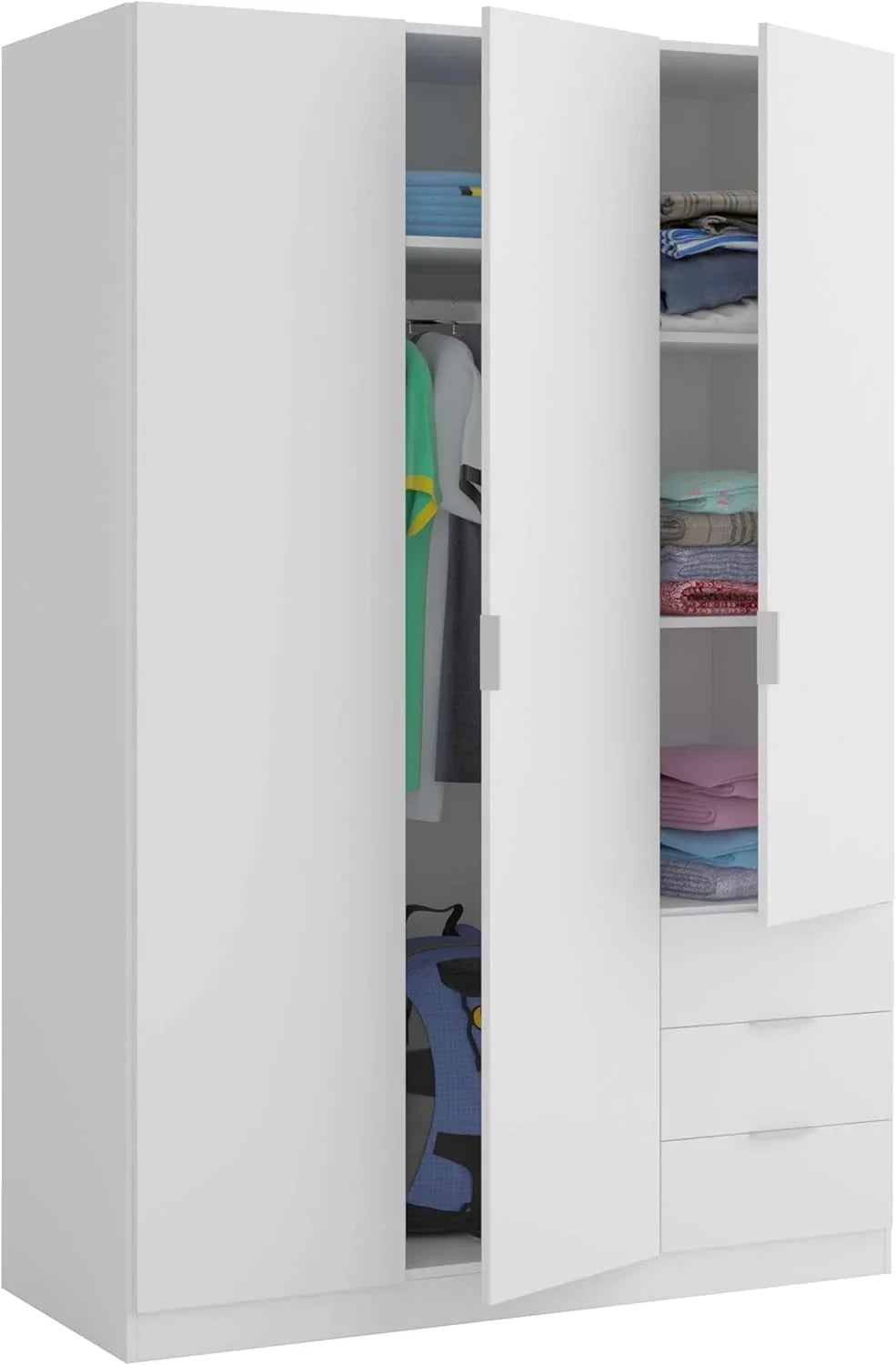 Szafa Habitdesign z trzema drzwiami i trzema szufladami, wykończenie białe arktyczne, wymiary: 121 cm (szer.) x 180 cm (wys.) x 52 cm (gł.)