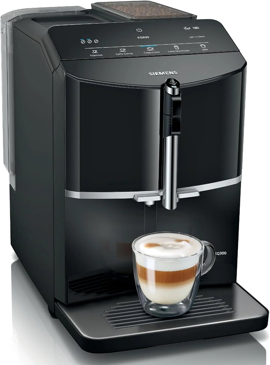 Siemens EQ300 TF301E19 automatyczny ekspres do kawy, spieniacz do mleka, ceramiczny mechanizm mielący, funkcja OneTouch, 1300 W, kolor czarny