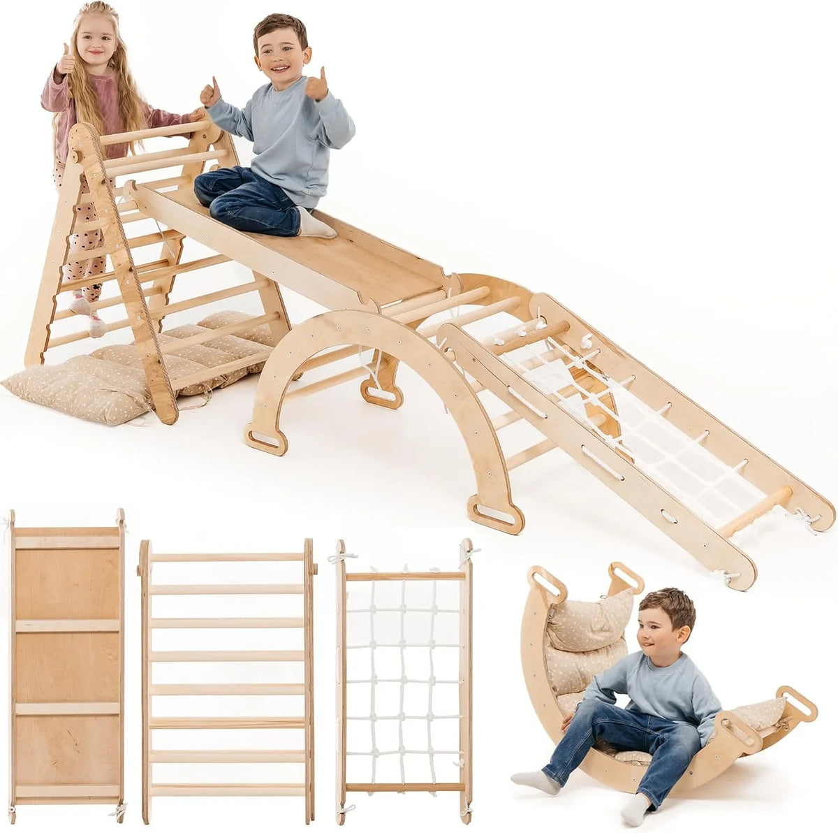 5 w 1 Zestaw Wspinaczkowy Montessori do Pomieszczeń dla Małych Dzieci - Drewniana Siłownia dla Dzieci Trójkątna Drabinka & Łuk & Rampy Wspinaczkowe & Siatka & Poduszka - Drewniana Siłownia dla Małych Dzieci