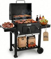 Amig - Grill węglowy Fireplus Charcoal BBQ XXL - Ruszt stalowy 57x42cm - Z kółkami i bocznymi półkami - Duży, przenośny rożen - Pojemnik na popiół - 131x116,5x56cm