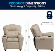 Flash Furniture Contemporary Kids Recliner with Cup Holder, Wood, Beige Vinyl, 26" x 21" x 21"