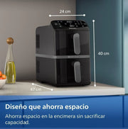 Philips Airfryer seria 4000 Podwójny pionowy kosz 10 l – Technologia RapidAir, synchronizacja, 2 kosze jednocześnie, 45% mniej miejsca, powłoka ceramiczna bez PFAS, okienka podglądu (NA460/00)