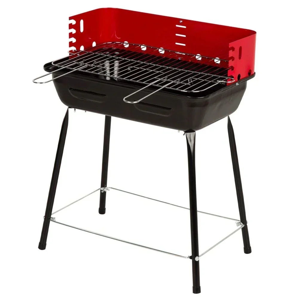Przenośny Grill Węglowy Z Osłoną Przeciwwiatrową I Rusztem Z Regulacją Wysokości 42x42x54 Cm - Stal. Czarny I Czerwony