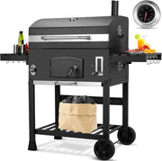 Grill Węglowy XXL, Grill Węglowy z Kominem i Pokrywą, Grill Wózkowy BBQ Smoker z Kółkami i Termometrem, Duży Grill Węglowy do Biwakowania i Ogrodu