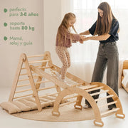 5 w 1 Zestaw Wspinaczkowy Montessori do Pomieszczeń dla Małych Dzieci - Drewniana Siłownia dla Dzieci Trójkątna Drabinka & Łuk & Rampy Wspinaczkowe & Siatka & Poduszka - Drewniana Siłownia dla Małych Dzieci