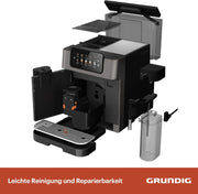 Grundig KVA 7230 ekspres do kawy, 10 specjałów do kawy, 13 stopni mielenia, pojemnik na mleko, wydajny 1350 W, ciśnienie pompy 19 bar, podwójna dysza, oświetlenie, czarny/ciemny srebrny