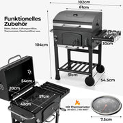 Grill Węglowy XXL, Grill Węglowy z Kominem i Pokrywą, Grill Wózkowy BBQ Smoker z Kółkami i Termometrem, Duży Grill Węglowy do Biwakowania i Ogrodu