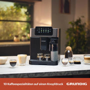 Grundig KVA 7230 ekspres do kawy, 10 specjałów do kawy, 13 stopni mielenia, pojemnik na mleko, wydajny 1350 W, ciśnienie pompy 19 bar, podwójna dysza, oświetlenie, czarny/ciemny srebrny