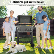 Grill Węglowy XXL, Grill Węglowy z Kominem i Pokrywą, Grill Wózkowy BBQ Smoker z Kółkami i Termometrem, Duży Grill Węglowy do Biwakowania i Ogrodu