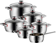 WMF Quaity One, 9-częściowy zestaw garnków ze stali nierdzewnej, odpowiedni do płyt indukcyjnych, 1 niski rondel 20 cm, 3 rondle 16 cm, 20 cm i 24 cm, 1 rondel 16 cm z 4 szklanymi pokrywkami