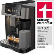 Grundig KVA 7230 ekspres do kawy, 10 specjałów do kawy, 13 stopni mielenia, pojemnik na mleko, wydajny 1350 W, ciśnienie pompy 19 bar, podwójna dysza, oświetlenie, czarny/ciemny srebrny