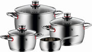WMF Quaity One, 9-częściowy zestaw garnków ze stali nierdzewnej, odpowiedni do płyt indukcyjnych, 1 niski rondel 20 cm, 3 rondle 16 cm, 20 cm i 24 cm, 1 rondel 16 cm z 4 szklanymi pokrywkami