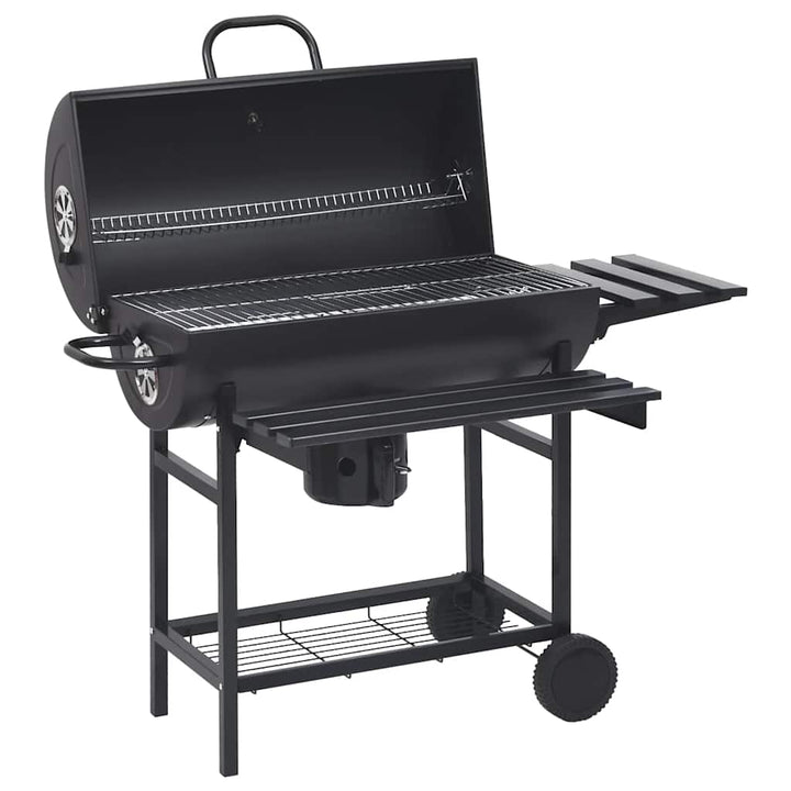 2026 Grill na kółkach z półkami, czarny, stal, 115 x 85 x 95 cm, grill ogrodowy