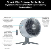 Shark FlexBreeze TableMate Akumulatorowy wentylator wewnętrzno-zewnętrzny, do 24 godz. pracy, wydajne chłodzenie, zasięg 20 m, cichy, 5 prędkości, oscylacja, zdalne sterowanie, zimna mgiełka, FA150EU