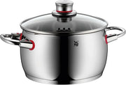 WMF Quaity One, 9-częściowy zestaw garnków ze stali nierdzewnej, odpowiedni do płyt indukcyjnych, 1 niski rondel 20 cm, 3 rondle 16 cm, 20 cm i 24 cm, 1 rondel 16 cm z 4 szklanymi pokrywkami