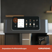 Grundig KVA 7230 ekspres do kawy, 10 specjałów do kawy, 13 stopni mielenia, pojemnik na mleko, wydajny 1350 W, ciśnienie pompy 19 bar, podwójna dysza, oświetlenie, czarny/ciemny srebrny