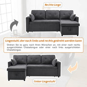 Trzyosobowa rozkładana sofa z uchwytami na kubki i boczną torbą na poręcz, sofa w kształcie litery L, z możliwością zmiany układu na prawą i lewą stronę, kolor szary