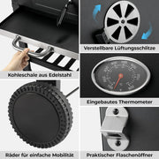 Grill Węglowy XXL, Grill Węglowy z Kominem i Pokrywą, Grill Wózkowy BBQ Smoker z Kółkami i Termometrem, Duży Grill Węglowy do Biwakowania i Ogrodu