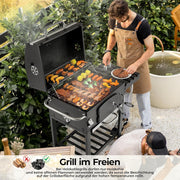 Grill Węglowy XXL, Grill Węglowy z Kominem i Pokrywą, Grill Wózkowy BBQ Smoker z Kółkami i Termometrem, Duży Grill Węglowy do Biwakowania i Ogrodu