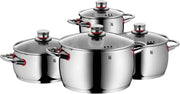 WMF Quaity One, 9-częściowy zestaw garnków ze stali nierdzewnej, odpowiedni do płyt indukcyjnych, 1 niski rondel 20 cm, 3 rondle 16 cm, 20 cm i 24 cm, 1 rondel 16 cm z 4 szklanymi pokrywkami