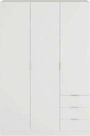 Szafa Habitdesign z trzema drzwiami i trzema szufladami, wykończenie białe arktyczne, wymiary: 121 cm (szer.) x 180 cm (wys.) x 52 cm (gł.)