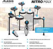 Alesis Nitro Max Kit – Elektroniczna perkusja z cichymi naciągami siateczkowymi, dwustrefowym padem werbla 10", Bluetooth, 440+ autentycznych brzmień, lekcjami Drumeo, USB MIDI, pedałem stopy