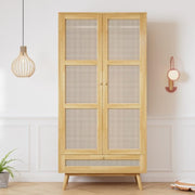 Szafa Soweiz z drążkiem, 2-drzwiowa, do sypialni, z siatką rattanową, do salonu, z dolną klapą, płyta wiórowa + rattan PE, naturalna