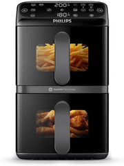 Philips Airfryer seria 4000 Podwójny pionowy kosz 10 l – Technologia RapidAir, synchronizacja, 2 kosze jednocześnie, 45% mniej miejsca, powłoka ceramiczna bez PFAS, okienka podglądu (NA460/00)