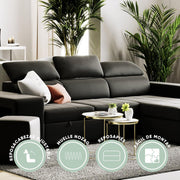 BUDWING John Narożna Sofa Rozkładana 4-osobowa - Odwracalny Szezlong, Regulowany Zagłówek i 2 Pufy – Tapicerka Poliuretanowa – Styl Nowoczesny – 263x161x96 cm – Czarna