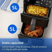 Philips Airfryer seria 4000 Podwójny pionowy kosz 10 l – Technologia RapidAir, synchronizacja, 2 kosze jednocześnie, 45% mniej miejsca, powłoka ceramiczna bez PFAS, okienka podglądu (NA460/00)