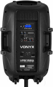 Vonyx VPS152A Aktywny zestaw głośnikowy (2 szt.) 1000 W, przenośny, aktywny/pasywny, Bluetooth, 15 cali, mikrofon przewodowy, pilot, statywy, odtwarzacz MP3 z USB/SD, diody LED