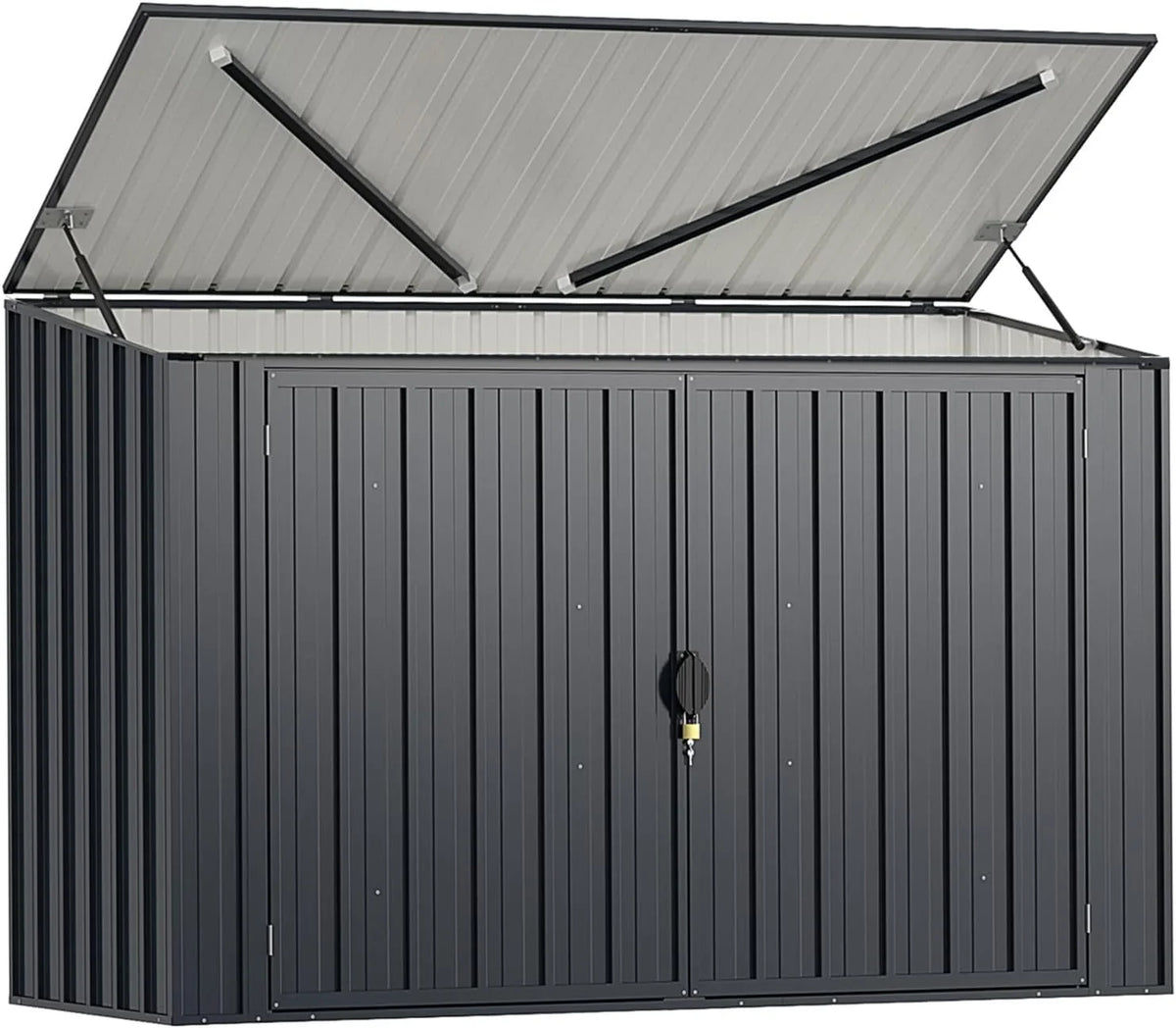 GOPLUS 1,9 m³ Metalowy Domek Ogrodowy z Blachy Ocynkowanej, 193 x 86 x 127 cm, Zewnętrzna Szopa z Podwójnymi Drzwiami z Zamkami, Podnośnik Hydrauliczny, Schowek na Narzędzia, Rowery, Kosze na Śmieci