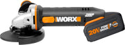 WORX | Szlifierka kątowa 125 mm 20 V | PowerShare | WX803 | W zestawie 2 akumulatory 2 Ah i 4 Ah | Blokada wrzeciona | Przełącznik boczny | Beznarzędziowy system szybkiej regulacji | Uchwyt pomocniczy