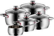 WMF Quaity One, 9-częściowy zestaw garnków ze stali nierdzewnej, odpowiedni do płyt indukcyjnych, 1 niski rondel 20 cm, 3 rondle 16 cm, 20 cm i 24 cm, 1 rondel 16 cm z 4 szklanymi pokrywkami