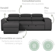 BUDWING John Narożna Sofa Rozkładana 4-osobowa - Odwracalny Szezlong, Regulowany Zagłówek i 2 Pufy – Tapicerka Poliuretanowa – Styl Nowoczesny – 263x161x96 cm – Czarna