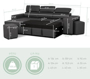 BUDWING John Narożna Sofa Rozkładana 4-osobowa - Odwracalny Szezlong, Regulowany Zagłówek i 2 Pufy – Tapicerka Poliuretanowa – Styl Nowoczesny – 263x161x96 cm – Czarna