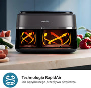 Philips Ovi Dual Basket z parą - Wyjątkowe funkcje gotowania Steamfry, Gotowania na parze, Airfry - 19 sposobów gotowania; pojemność 9L (3L + 6L), RapidAir Plus, automatyczne SteamClean (NA550/00)