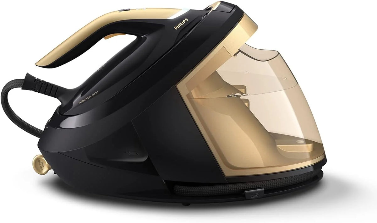 Philips Generator Pary PerfectCare z serii 8000-2700W, Silne uderzenie pary 700g, Ciśnienie pompki 8,5 bara, Technologia OptimalTEMP, Zbiornik 1,8l, Czarny/Złoty (PSG8140/80)