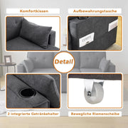 Trzyosobowa rozkładana sofa z uchwytami na kubki i boczną torbą na poręcz, sofa w kształcie litery L, z możliwością zmiany układu na prawą i lewą stronę, kolor szary