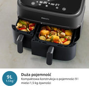 Philips Ovi Dual Basket z parą - Wyjątkowe funkcje gotowania Steamfry, Gotowania na parze, Airfry - 19 sposobów gotowania; pojemność 9L (3L + 6L), RapidAir Plus, automatyczne SteamClean (NA550/00)