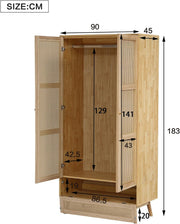 Szafa Soweiz z drążkiem, 2-drzwiowa, do sypialni, z siatką rattanową, do salonu, z dolną klapą, płyta wiórowa + rattan PE, naturalna