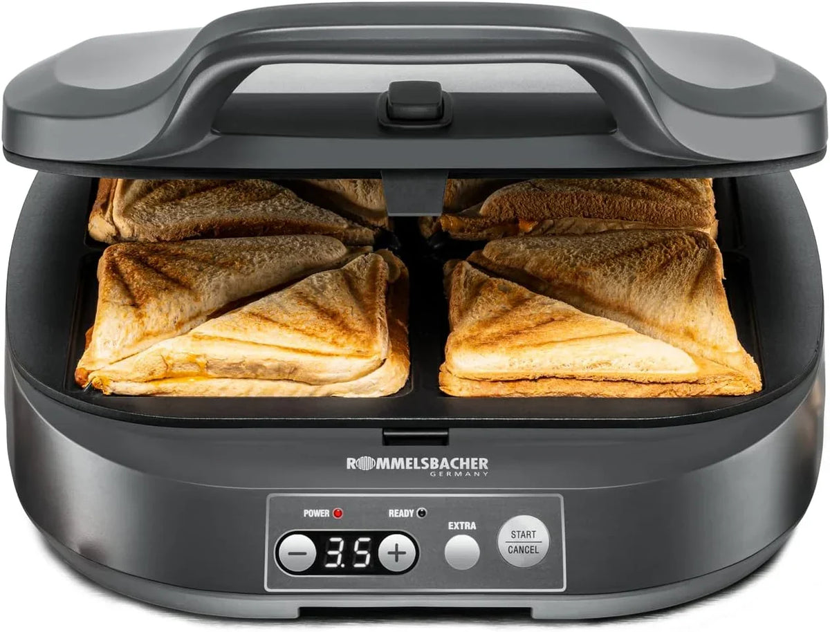 ROMMELSBACHER Smörgåsgrill ST 1800, 4 XL-smörgåsar, non-stick-beläggning, 15 minuters timer, automatisk avstängning, svalt hölje, 1800 watt, skiffergrå